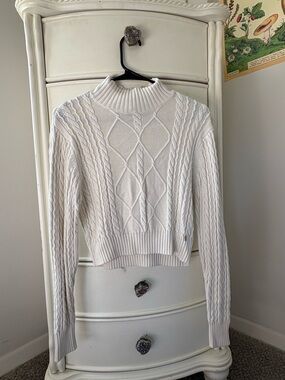 GUESS White Cable Knit Mock Neck Sweater